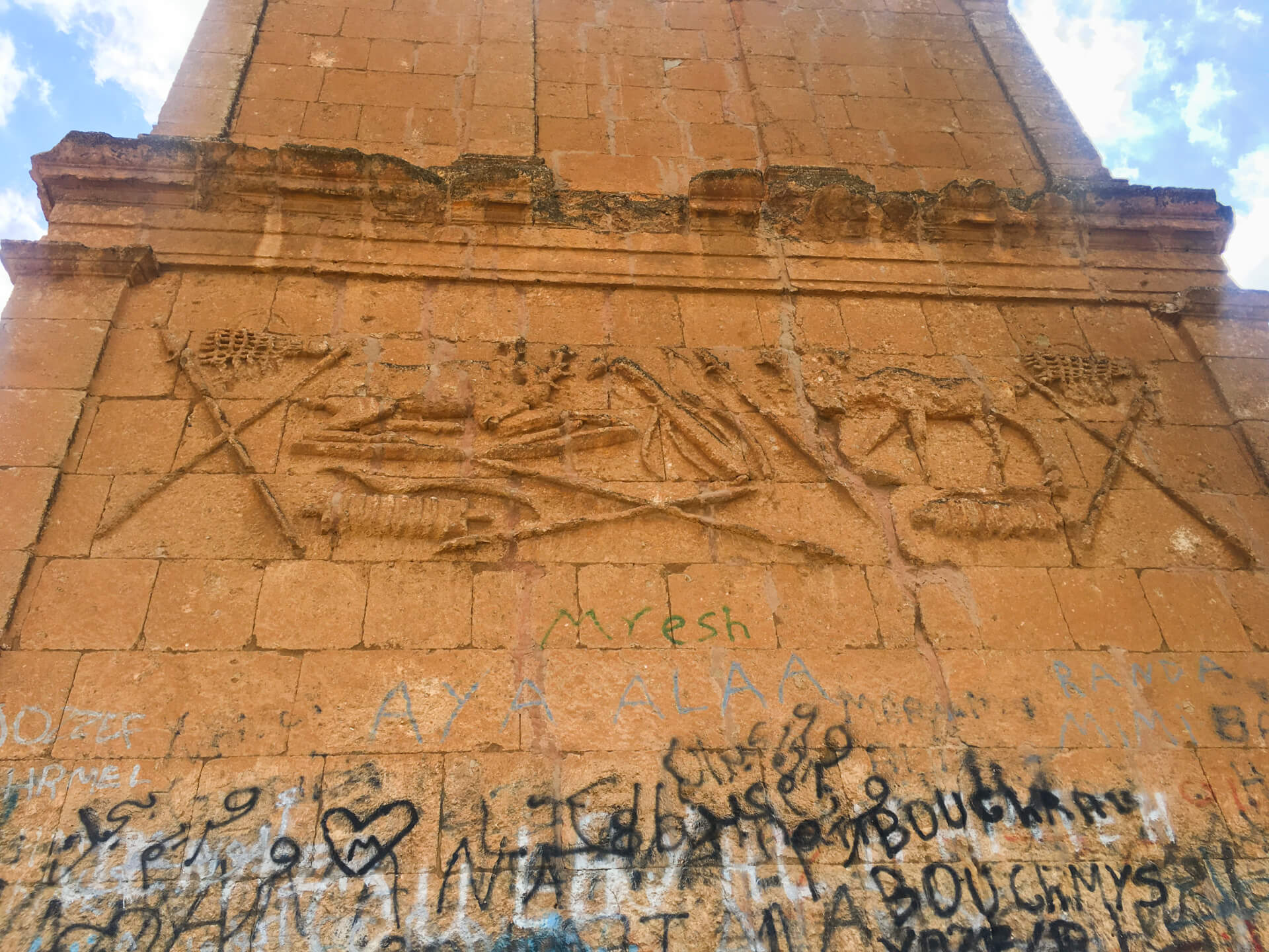 One of the reliefs on the Pyramid of Hermel with graffiti at the bottom.