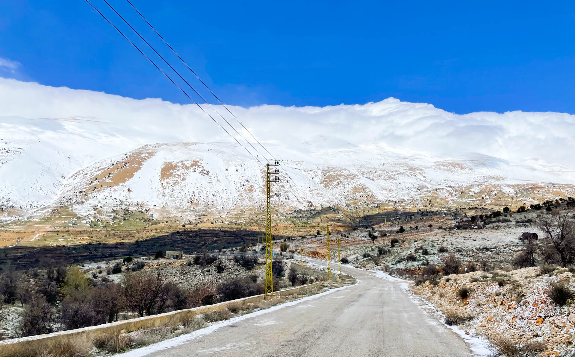 A country road heading towards a mountain range, which is covered in snow.