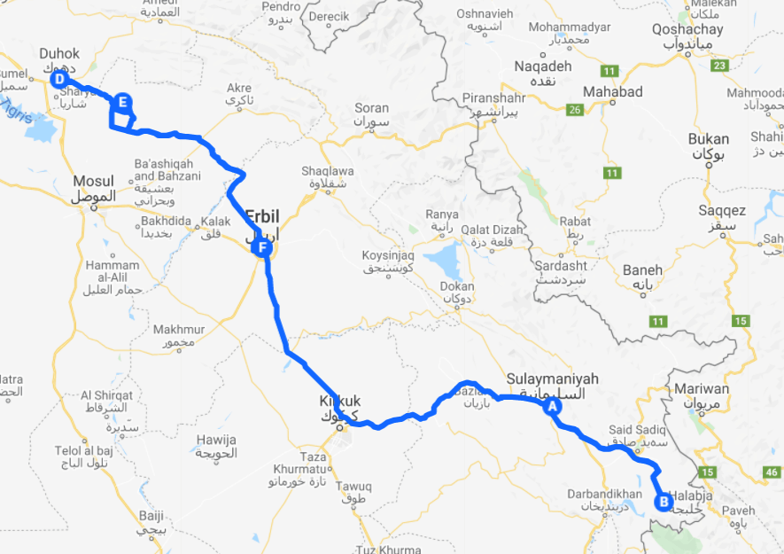 Map of the Kurdistan extension itinerary.