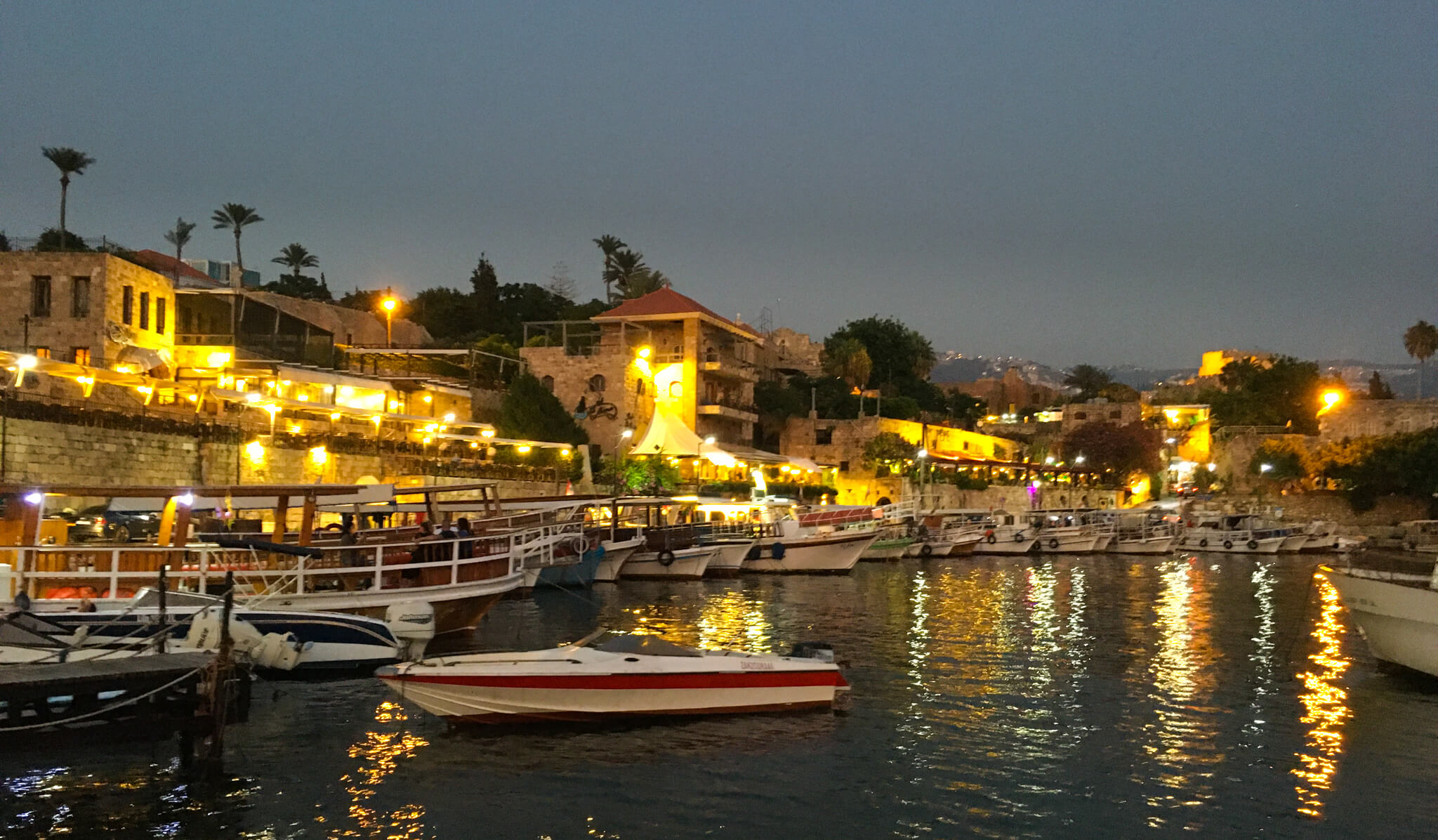 The waterfront of Byblos lit up at night
