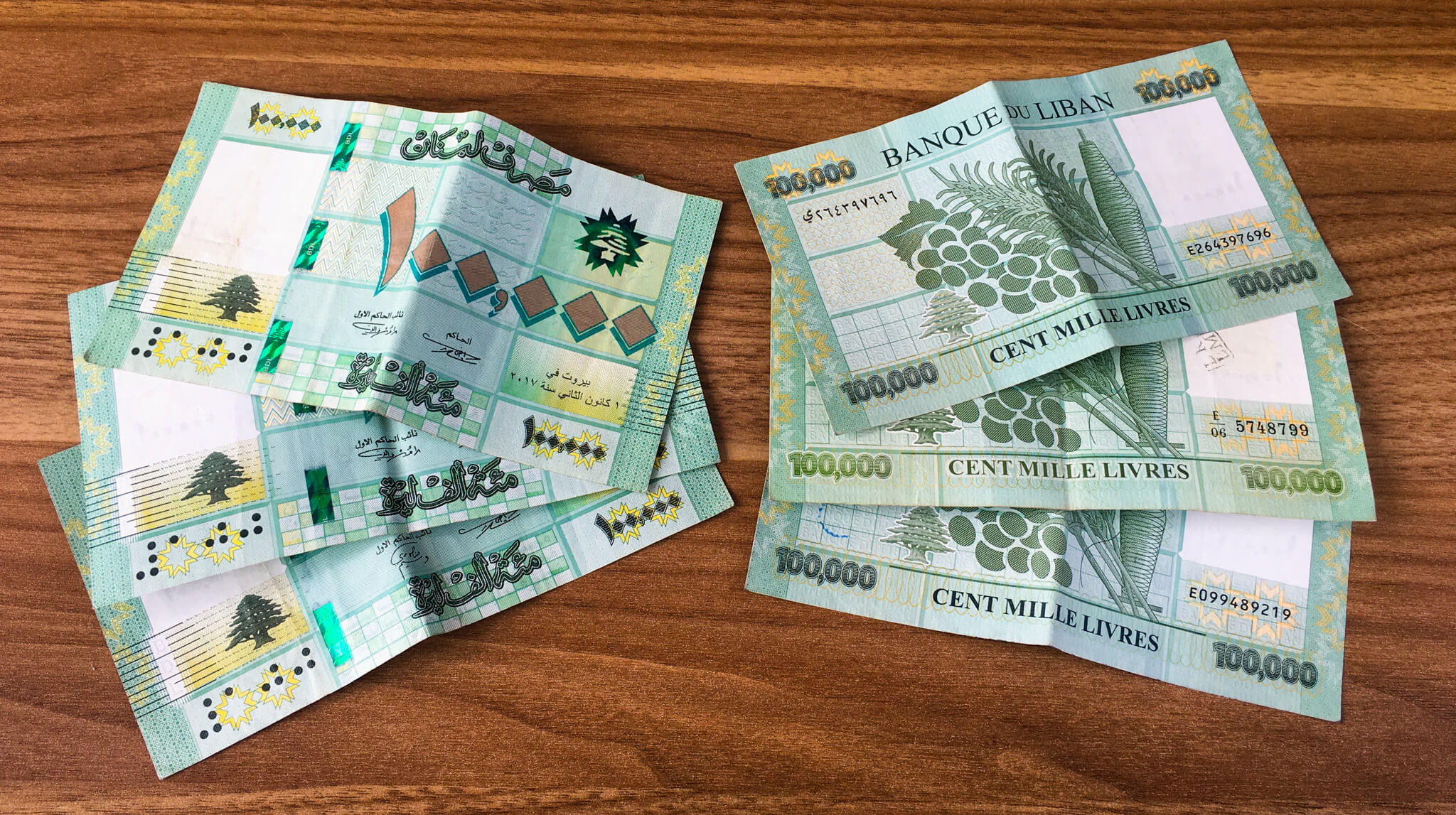 A picture of six 100,000 LBP notes