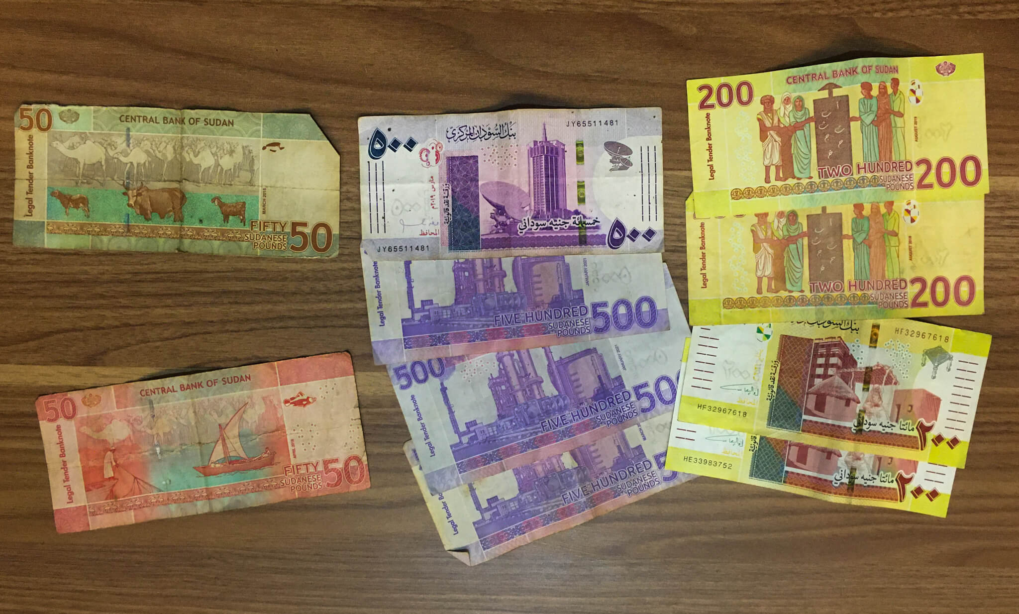 Different colourful denominations of the Sudanese pound.