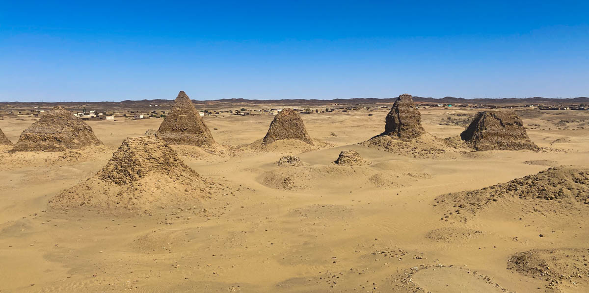 Six of the most prominent of the Nuri Pyramids in the Sahara desert