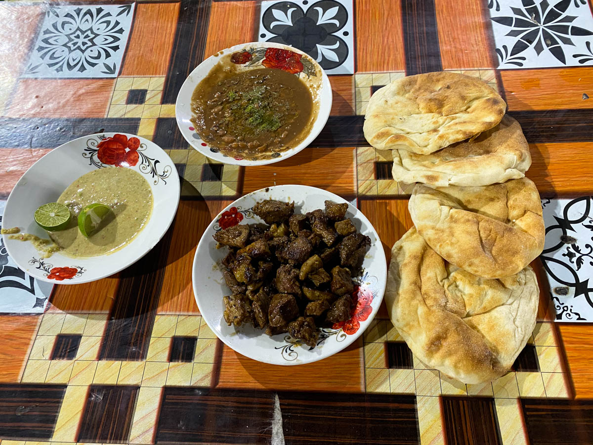 A local meal of goat and bread.